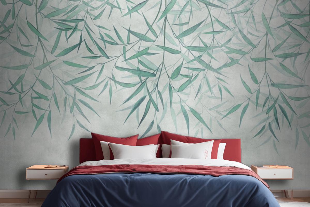 Painted Reed Bamboo Leaves Hanging From Above On A Textured Background Bedroom Wallpaper Mural