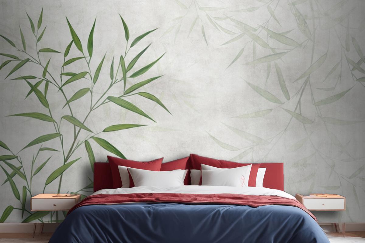 Painted Reed Bamboo Leaves On A Textured Background Bedroom Wallpaper Mural