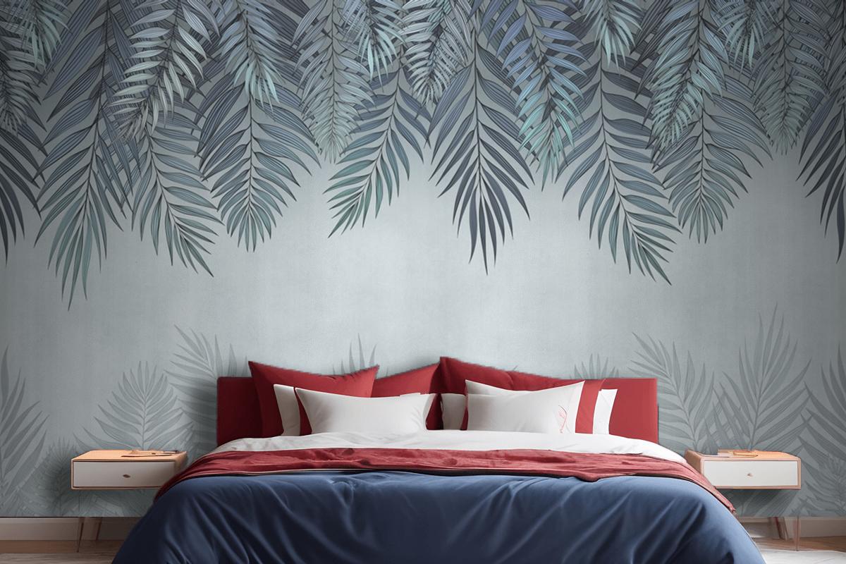Palm Leaves In Pale Blue Flowers Bedroom Wallpaper Mural