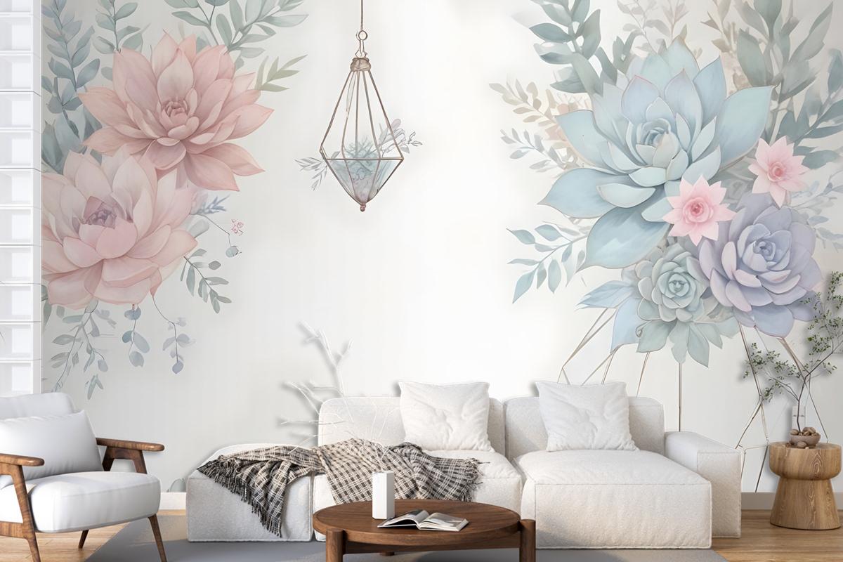 Pink Blue Soft Floral Wallpaper Mural