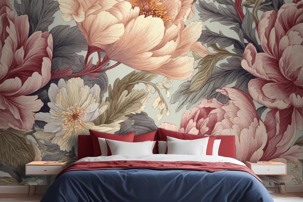 Seamless Boho Floral Pattern With Pink Peony Flowers Bedroom Wallpaper Mural