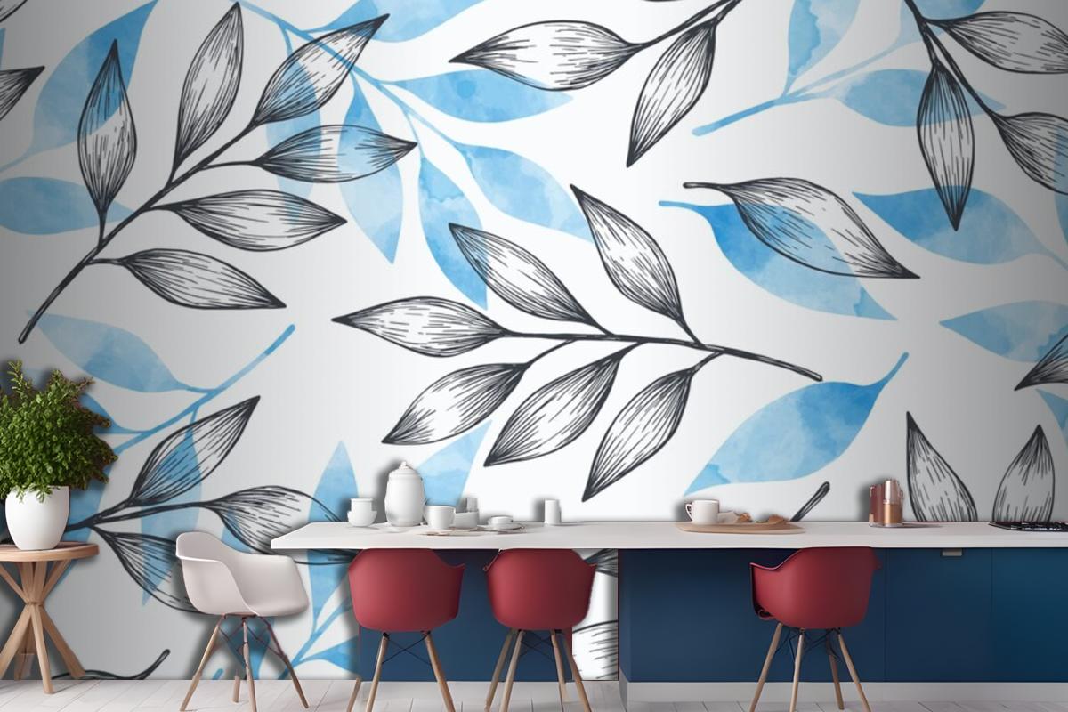 Simple Background With Gray And Blue Leaves Wallpaper Mural