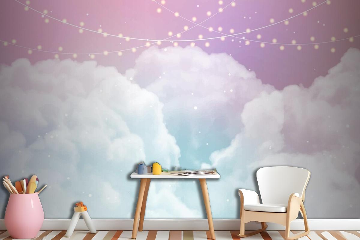 Sky Background With Sugar Cotton Candy Clouds And Stars Design Wallpaper Mural
