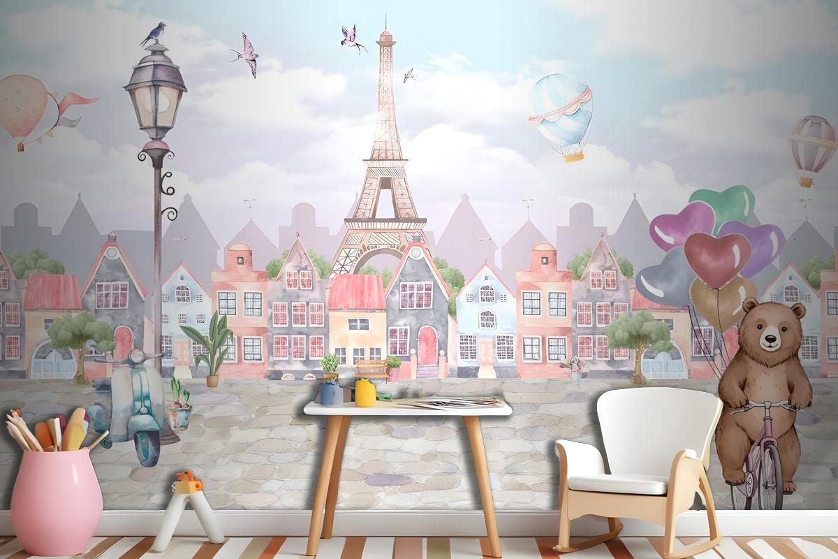 Sweet Teddy Bear in Paris Kids Room Wallpaper Mural