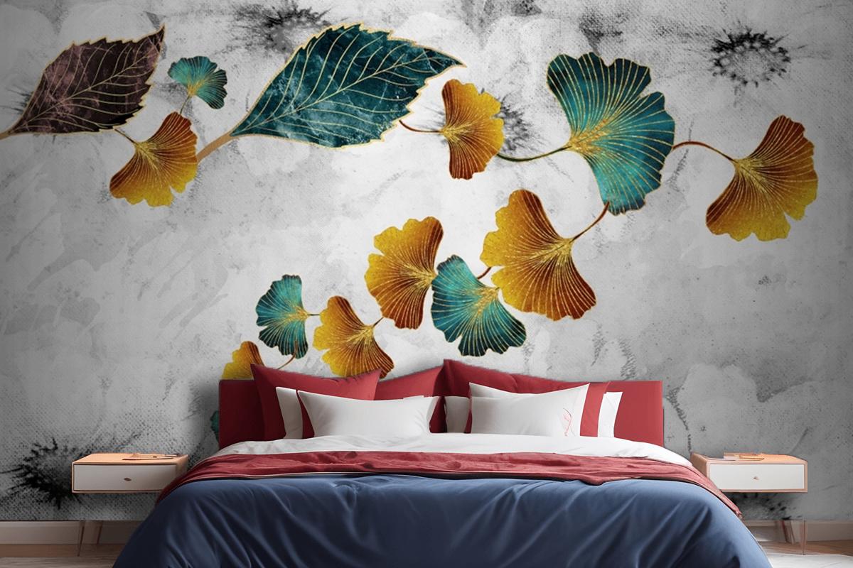Turquoise And Golden Ginkgo Leaves In Light Gray Canvas Paint Bedroom Wallpaper Mural