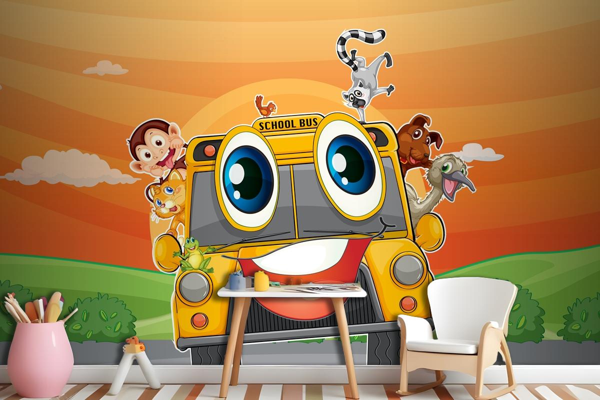 Various Animals In School Bus Wallpaper Mural