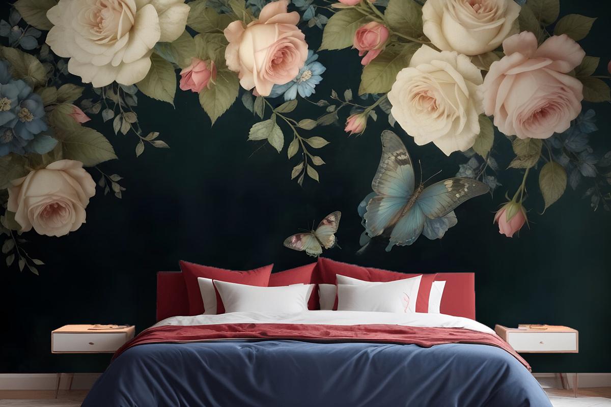 Vintage Oil Painting Dark Roses Bedroom Wallpaper Mural