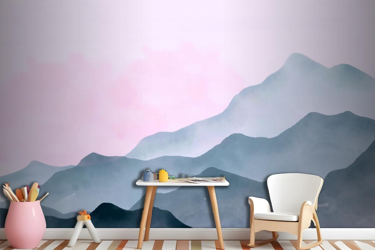 Watercolor Mountains Background With Pink Sky Wallpaper Mural