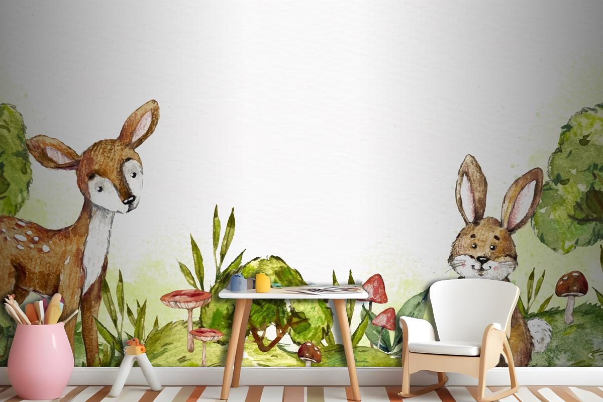 Watercolor Rabbit And Deer In Forest Wallpaper Mural