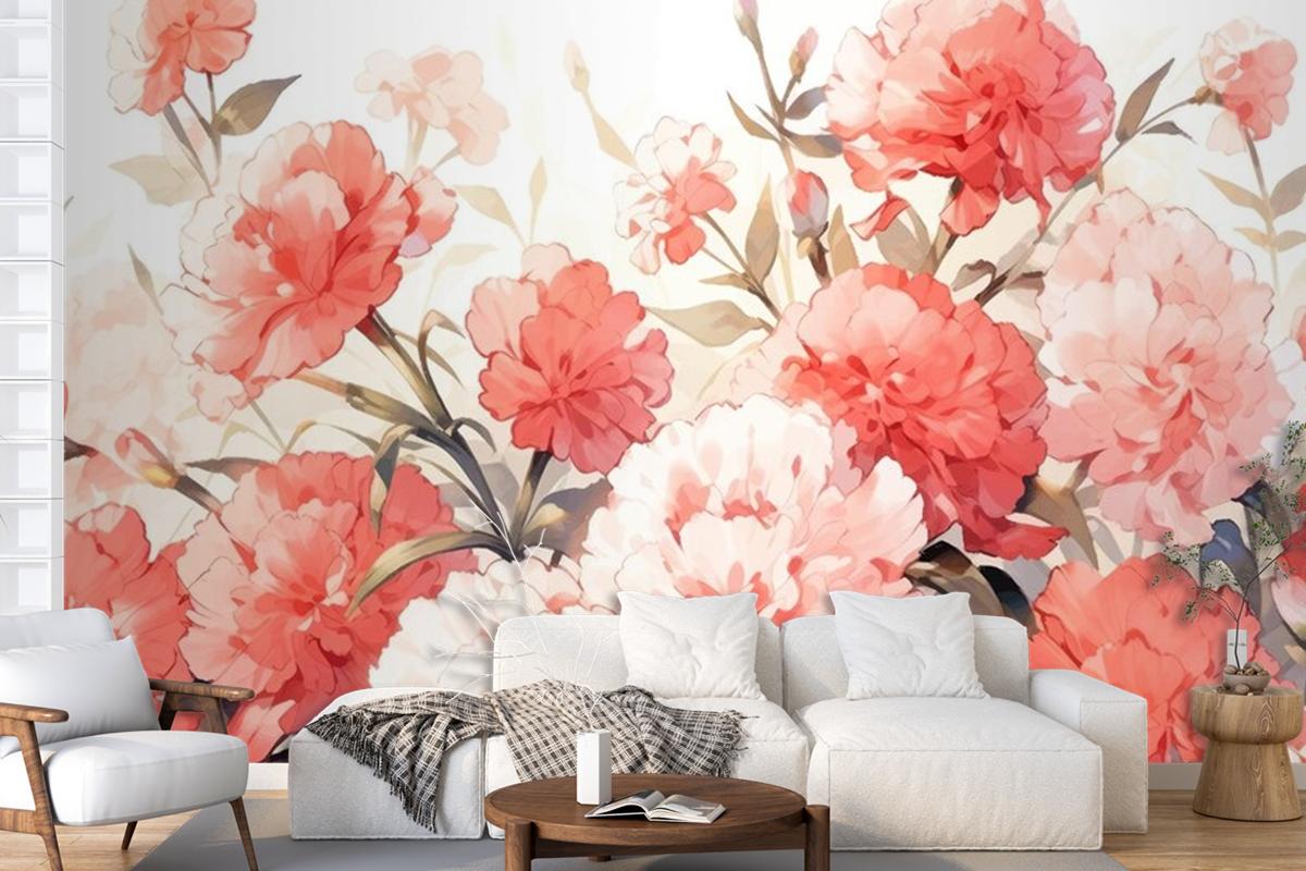 Watercolor Vintage Carnations Pattern With Complementary Colors Wallpaper Mural