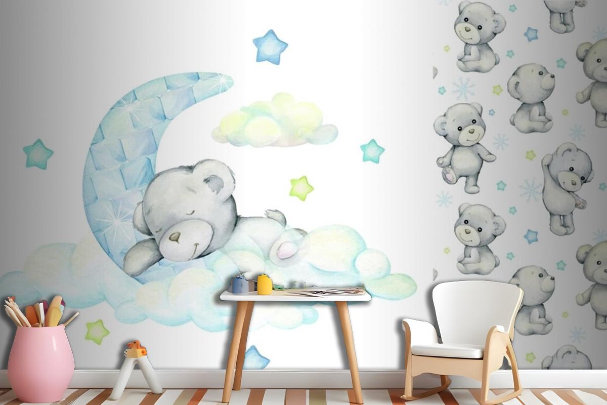 White Bear Sleeps On The Moon And Clouds Wallpaper Mural