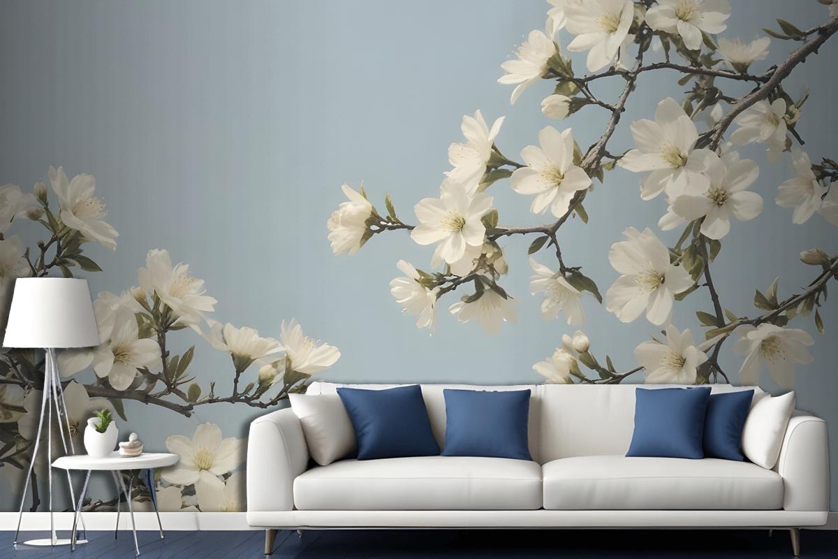 White Flowers Blooming On Tree Branches Against A Pale Blue Sky Wallpaper Mural