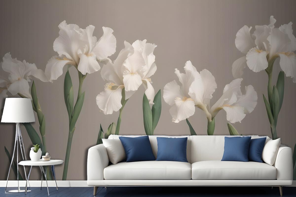 White Iris Flowers With Green Stems Against A Neutral Wallpaper Mural