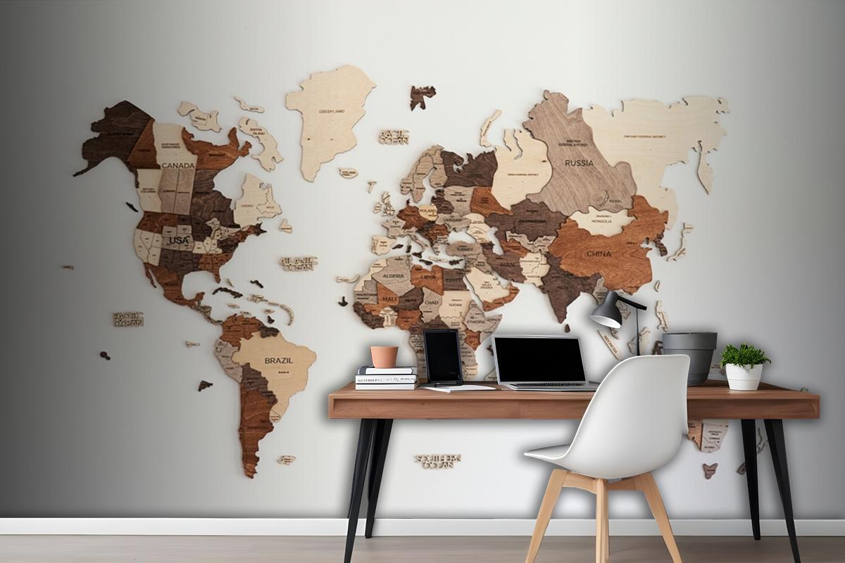 World Map Made Of Wood Crafts Wallpaper Mural