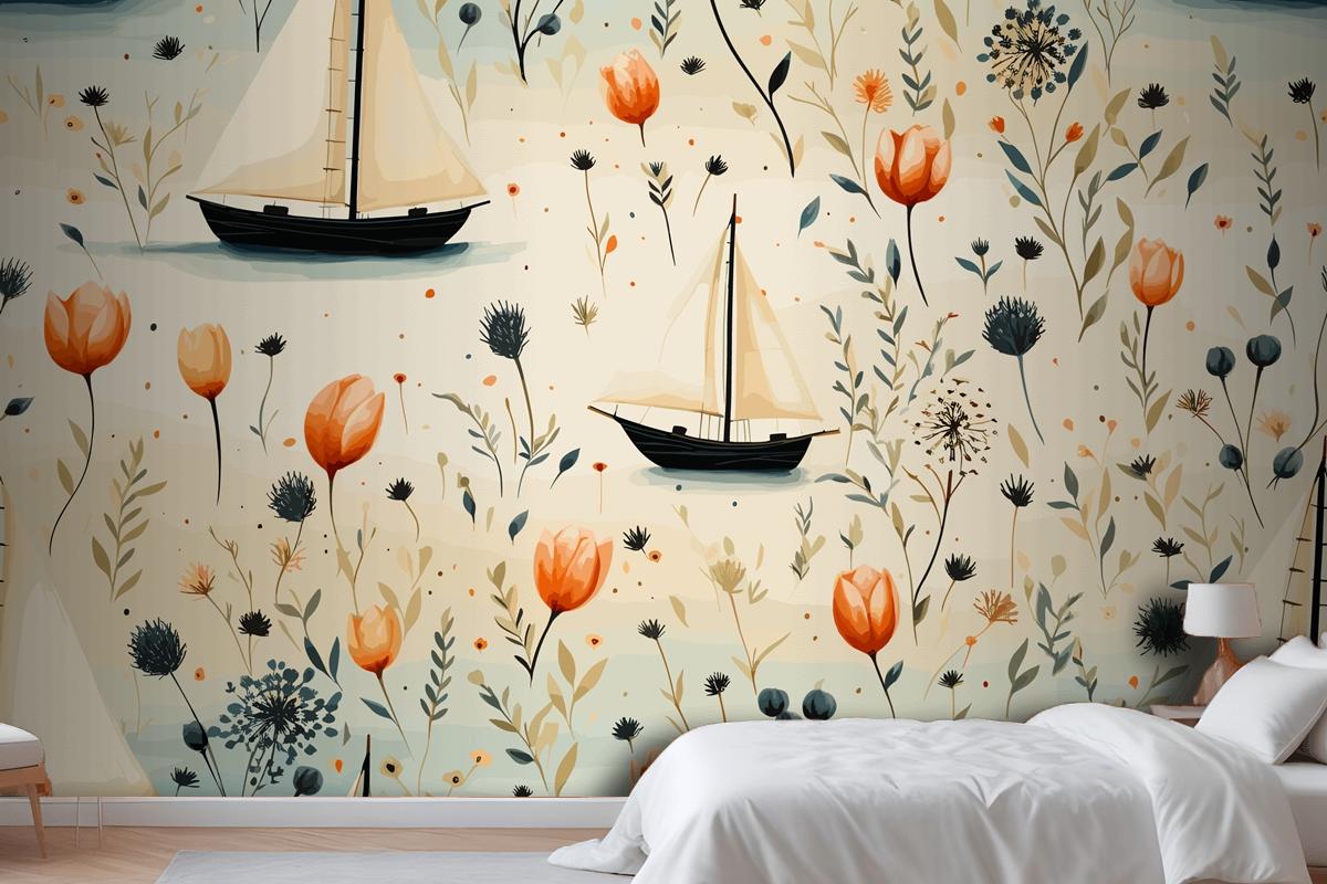 Sea Animals A Lighthouse And A Boat With Shells Starfish Bedroom Wallpaper Mural