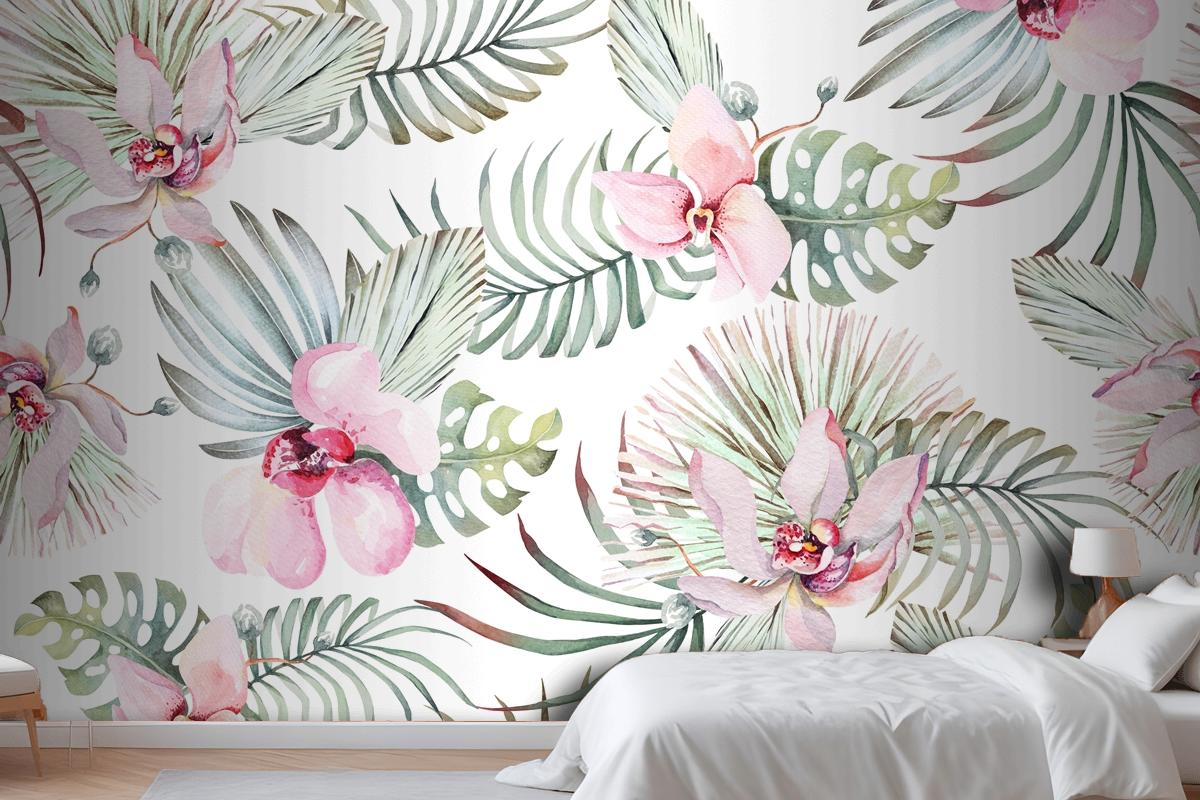 Seamless Pattern Of Tropical Plant Orchid And Flower For Fabric Bedroom Wallpaper Mural