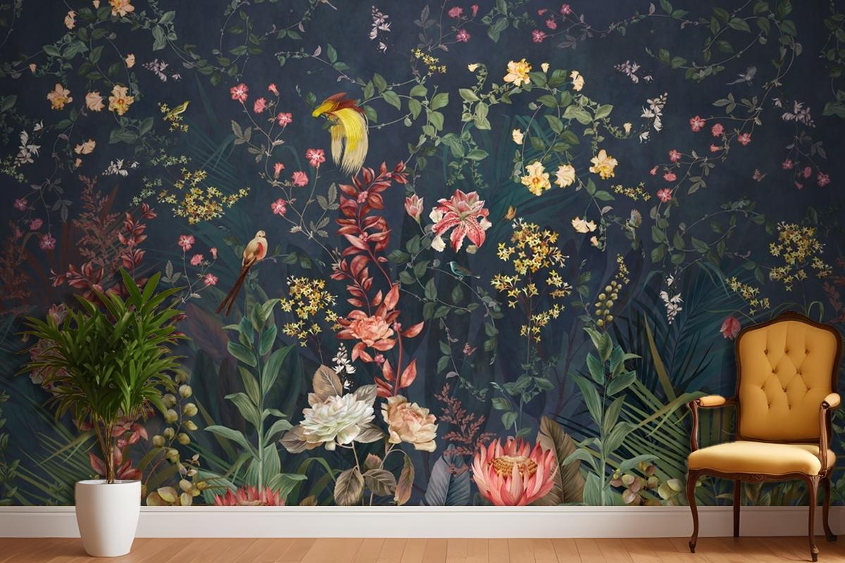 Chinoiserie Vintage Floral With Exotic Birds And Flowers Wallpaper Mural