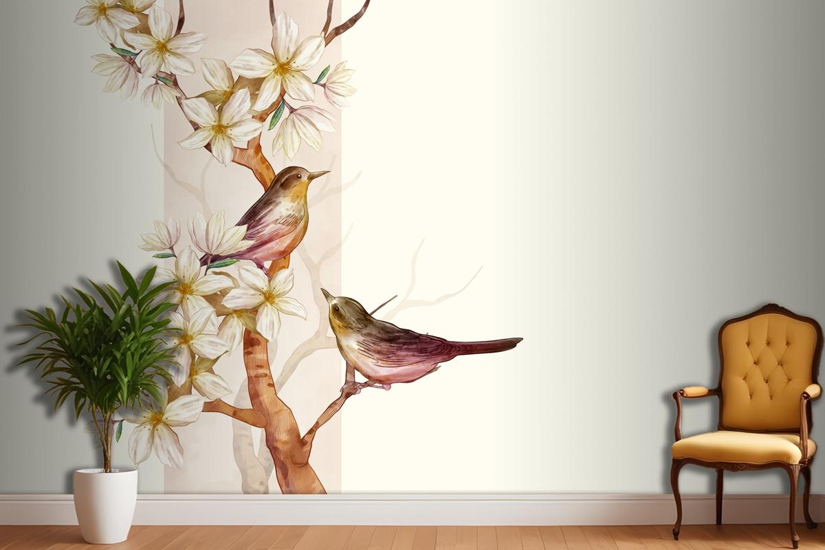 Asian Flower Watercolor With Birds Wallpaper Mural