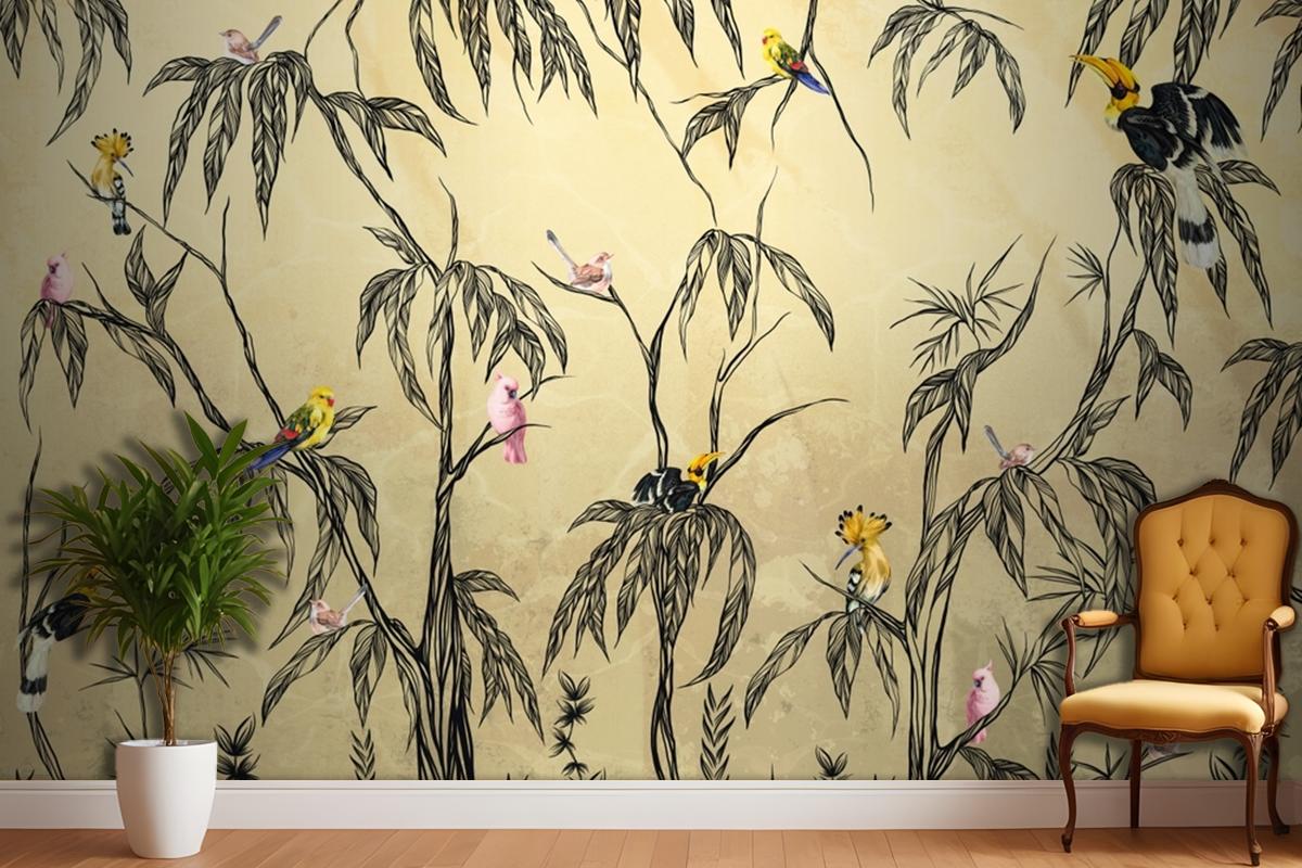 Bird In The Tropics On A Textured Beige Wallpaper Mural