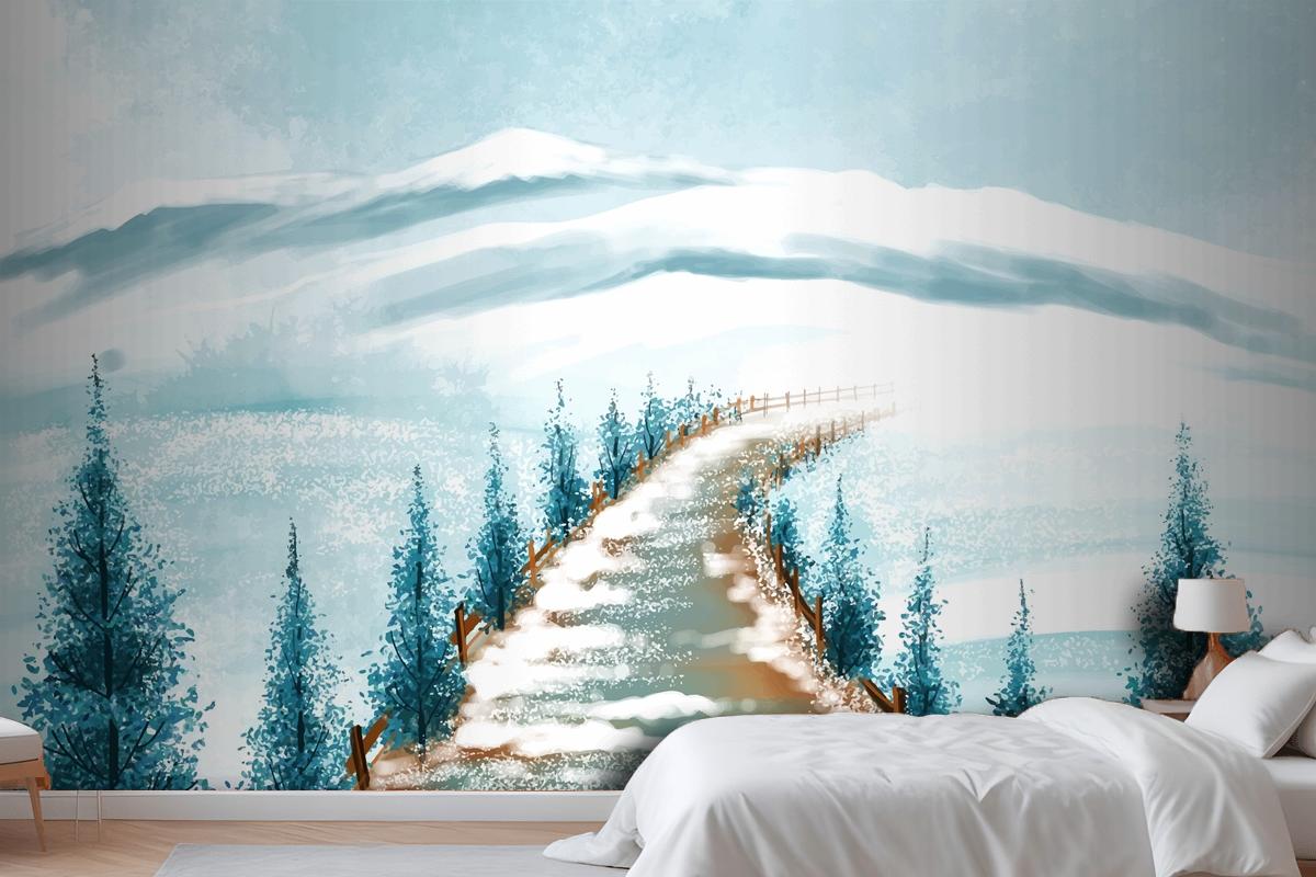 Winter Landscape With Snowy Christmas Tree Card Bedroom Wallpaper Mural