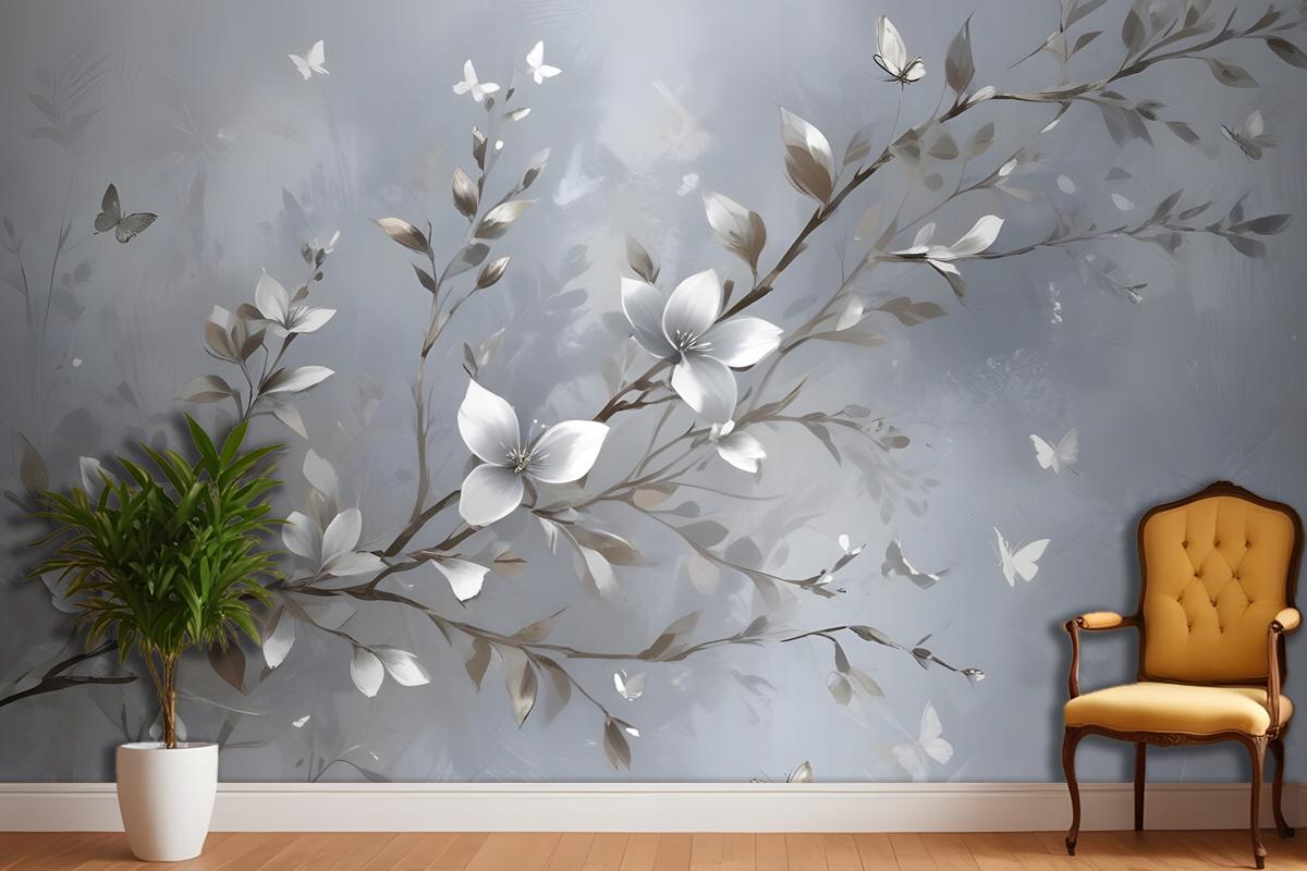 3D Embossed Look Magnolia Blossom And Butterfly Wallpaper Mural