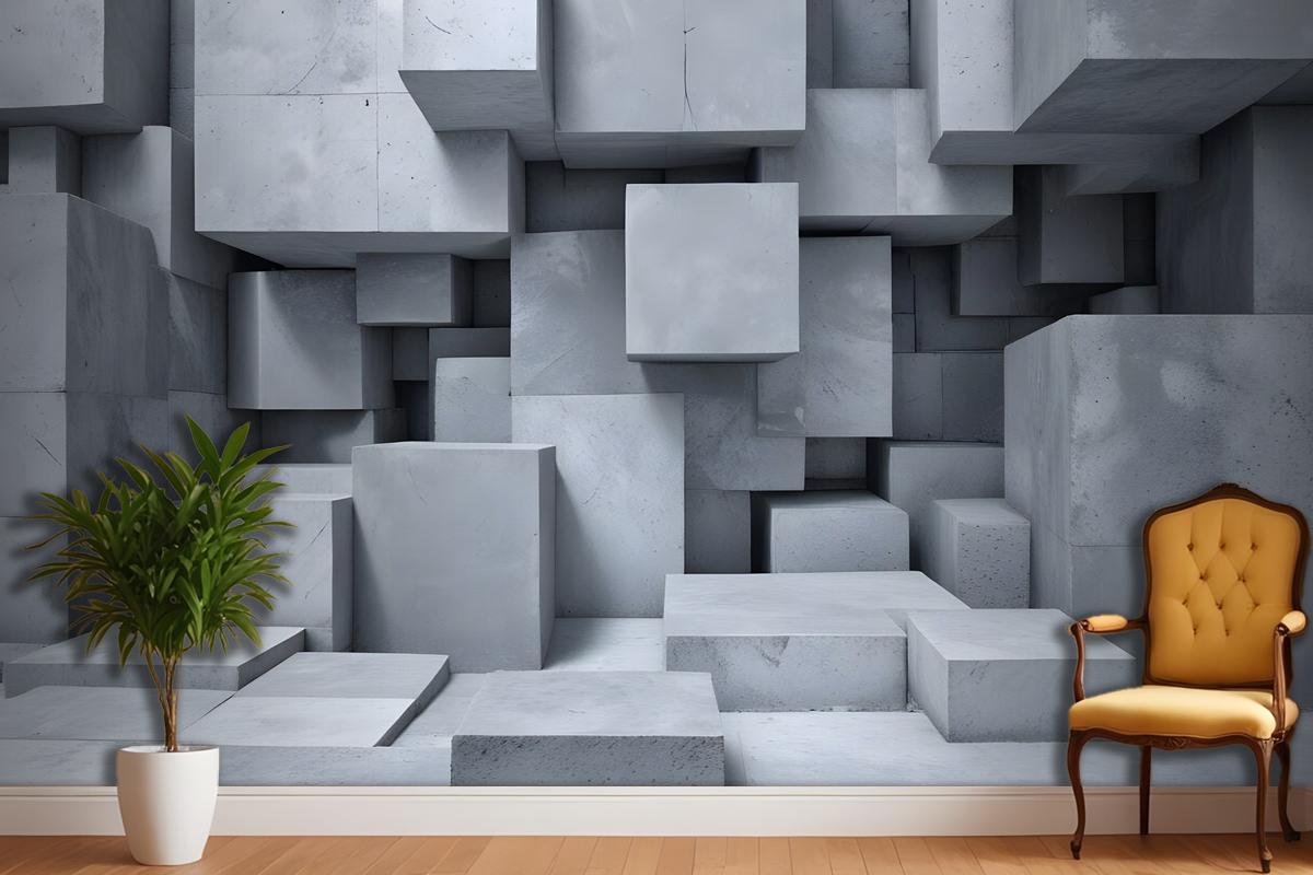 3D Look Concrete Style Gray Abstract Cubes Wallpaper Mural