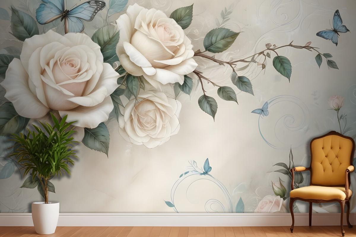 3D Look Cream Rose Floral Wallpaper Mural