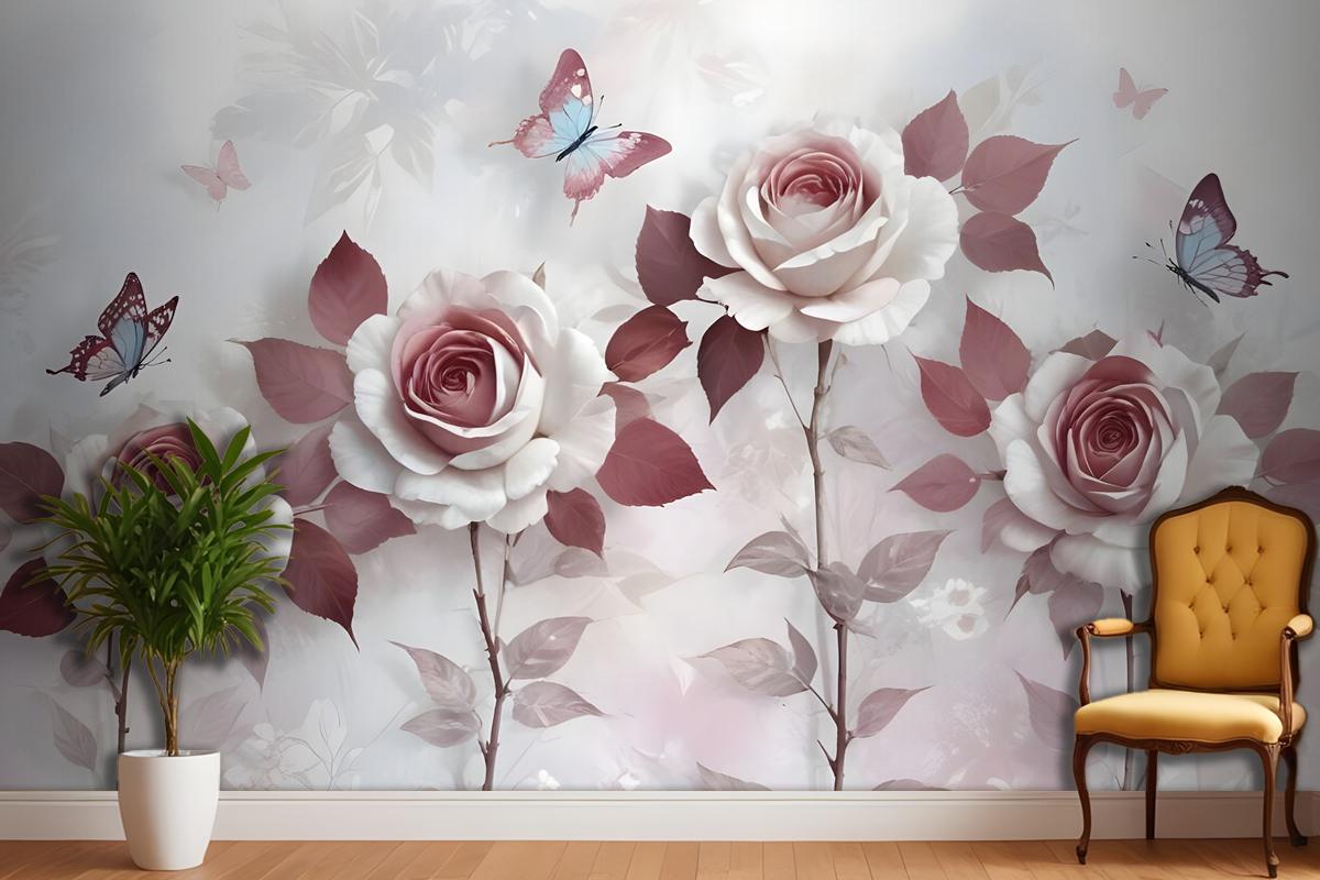 3D Look Floral With Little Butterfly Wallpaper Mural