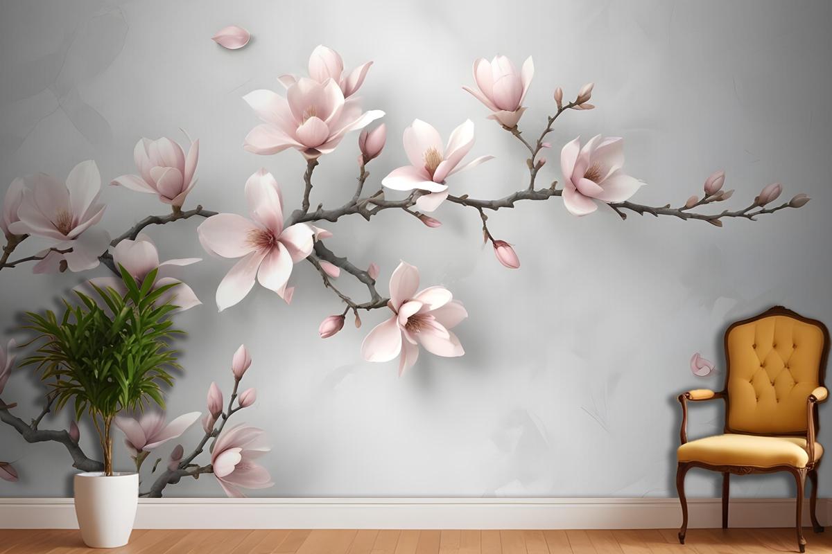 3D Look Pink Magnolia Blossom Wallpaper Mural