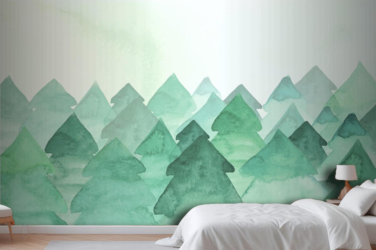 Watercolor Painting With Fir Trees Bedroom Wallpaper Mural