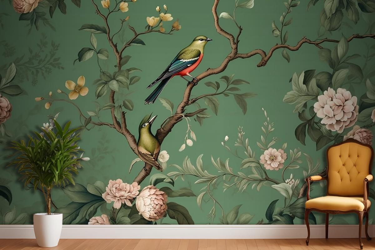 Flowers Branches Birds Golden Brushstrokes Wallpaper Mural
