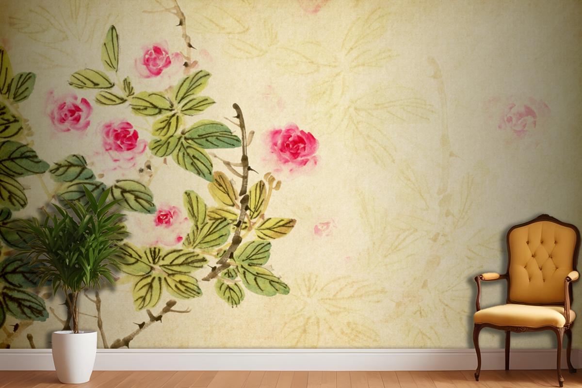 Chinese Traditional Painting Of Rose Flower On Old Paper Wallpaper Mural