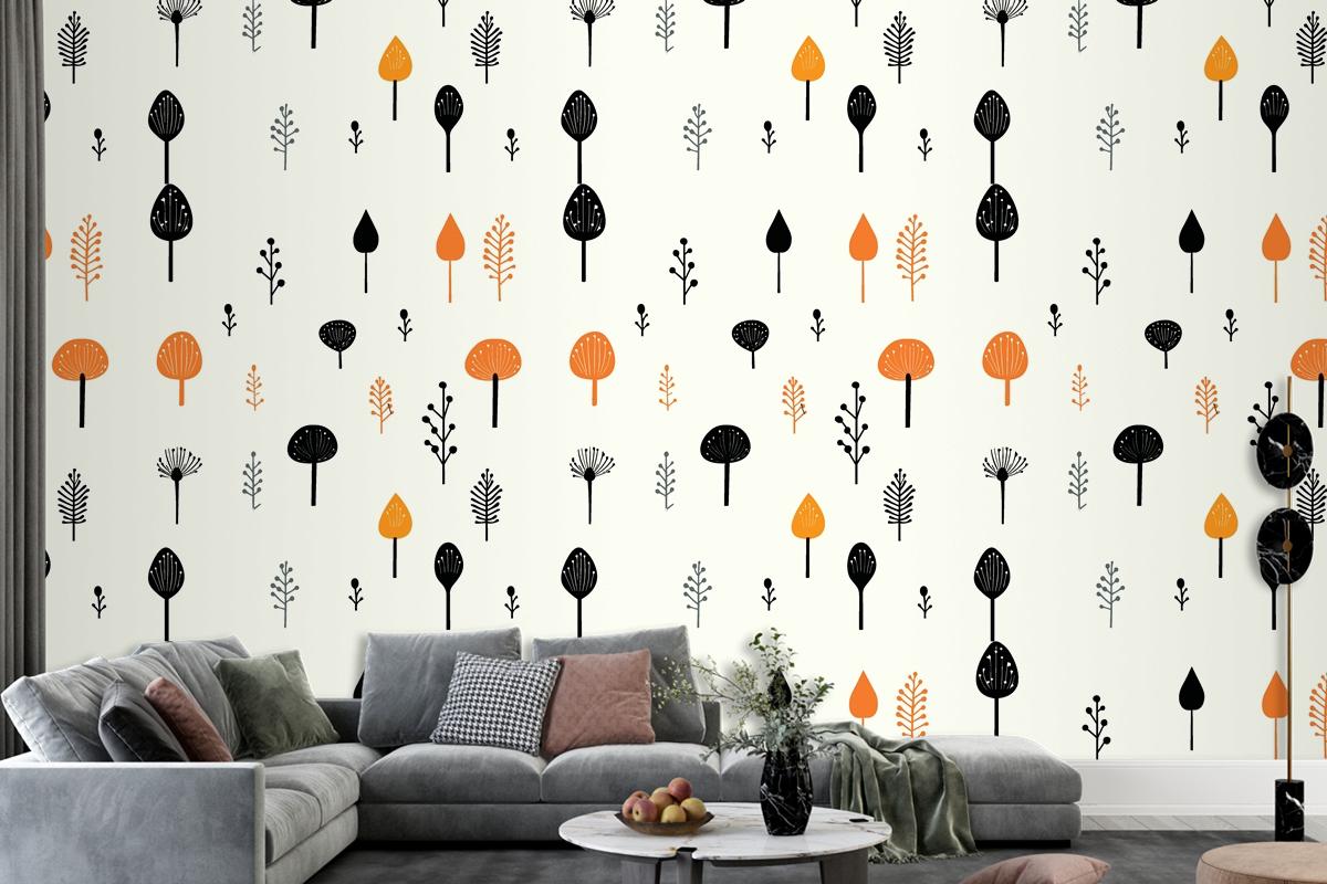 Black Mushroom And Leaf Pattern On A White Living Room Wallpaper Mural