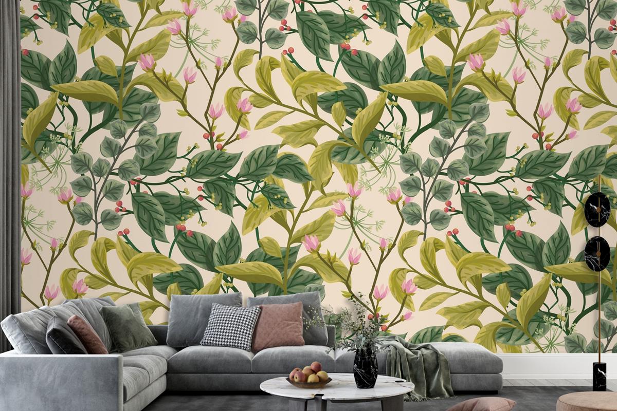 Flower And Leaves Background Living Room Wallpaper Mural