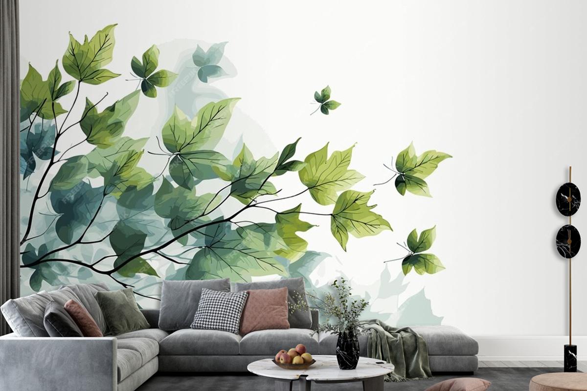 Fresh Baby Spinach Leaves On White Marble Living Room Wallpaper Mural