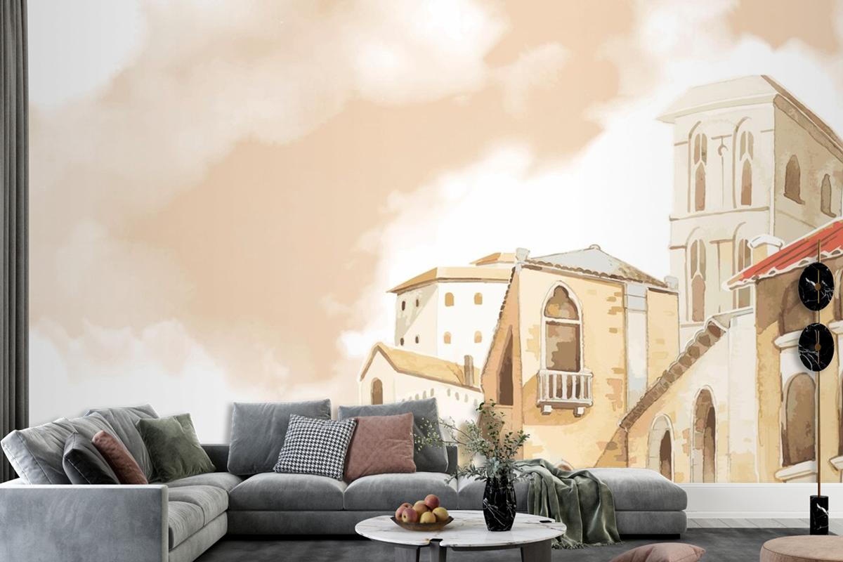 Mediterranean City Building Exterior Water Color Style Living Room Wallpaper Mural