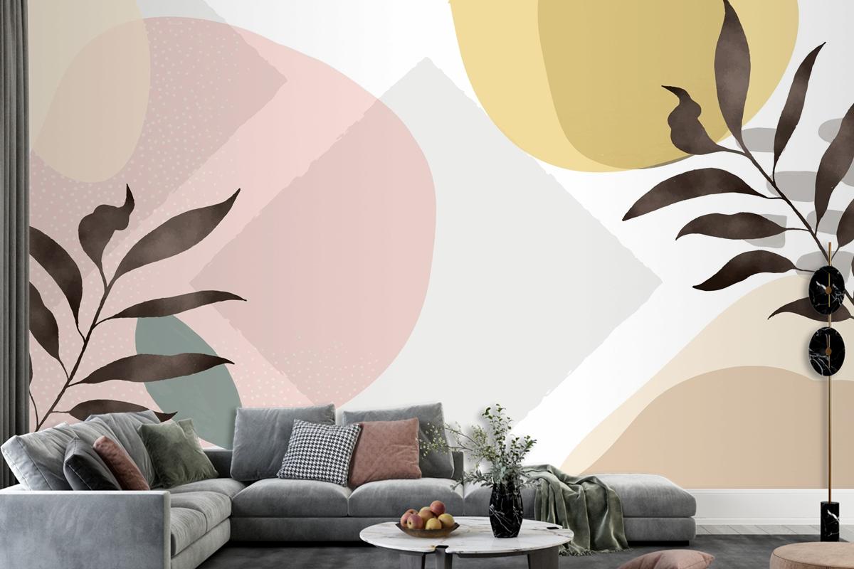 Minimal Hand Drawn Background With Plants Living Room Wallpaper Mural