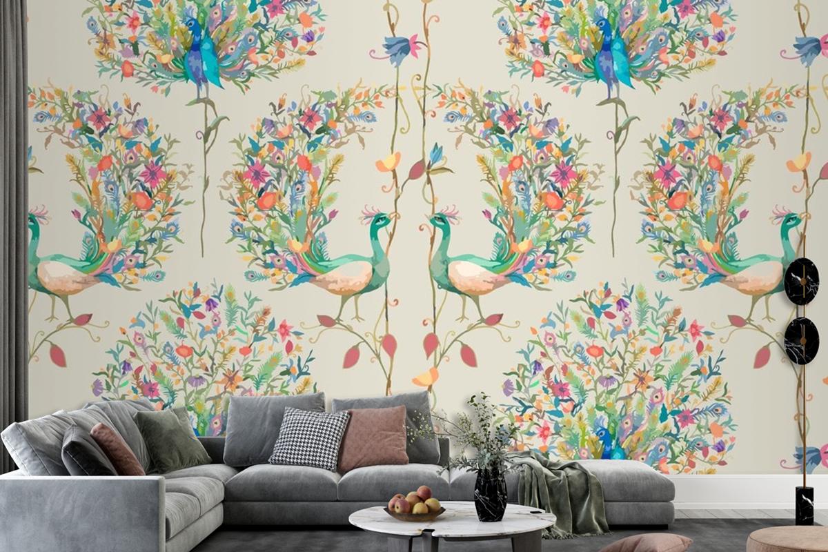Pattern Background With Watercolor Peacock And Flower Living Room Wallpaper Mural