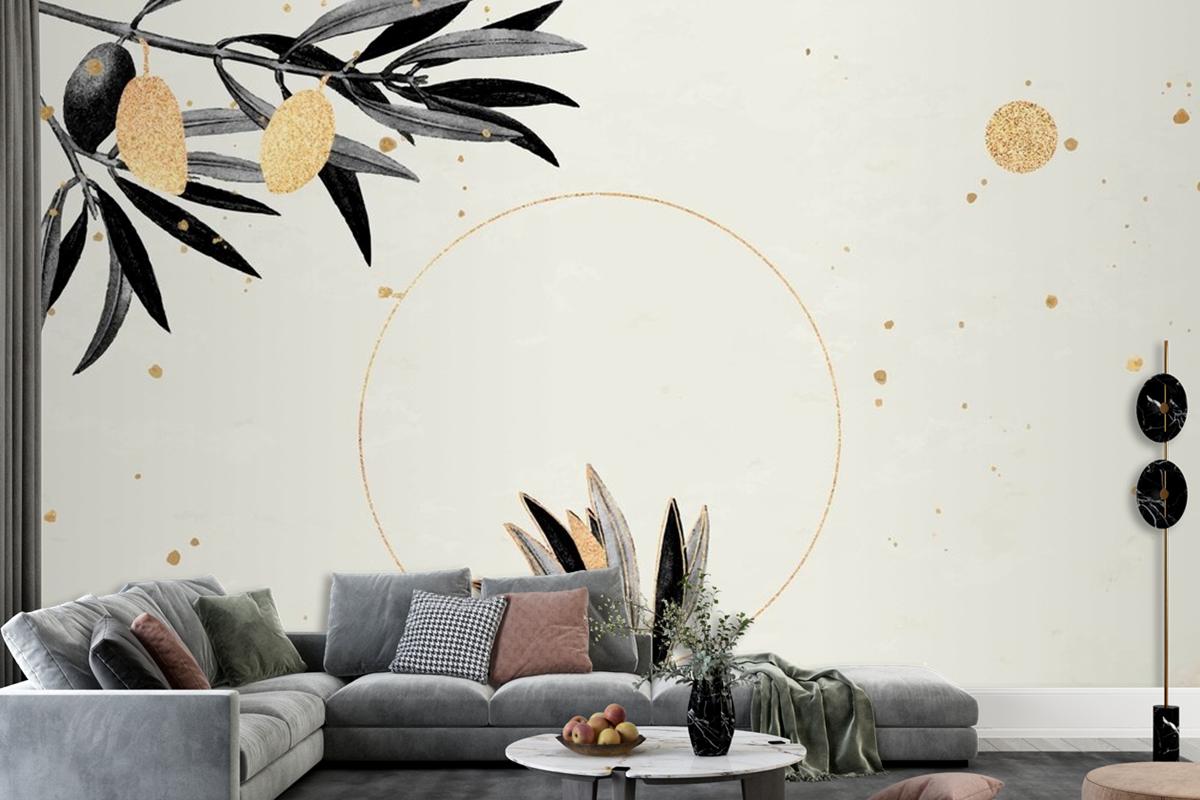 Round Gold Frame With Olive Branches Living Room Wallpaper Mural