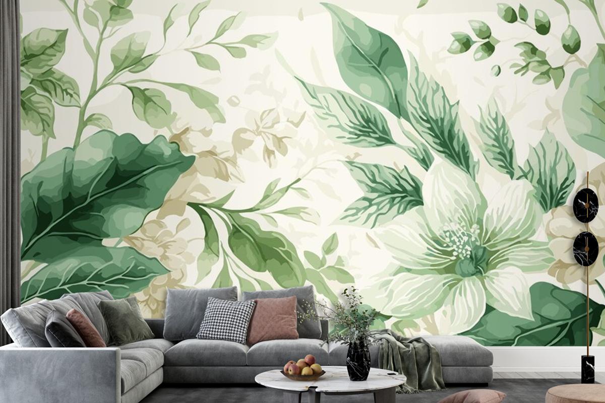 Seamless Watercolor Green And Beige Floral Pattern Living Room Wallpaper Mural