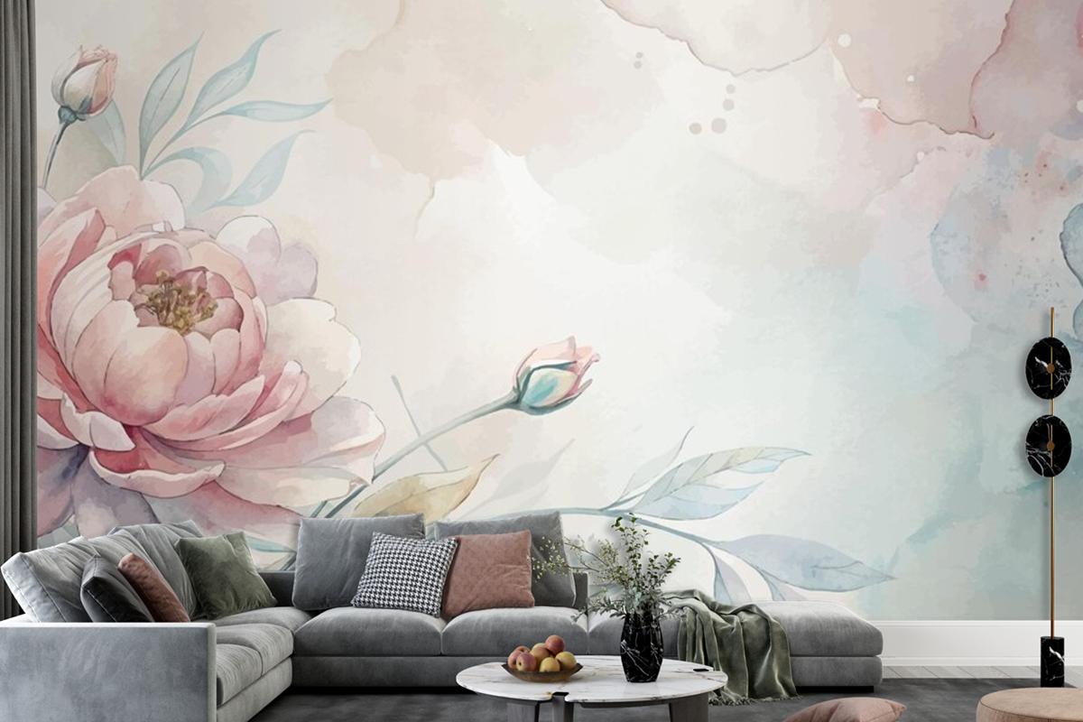 Soft Pastel Floral Watercolor Living Room Wallpaper Mural