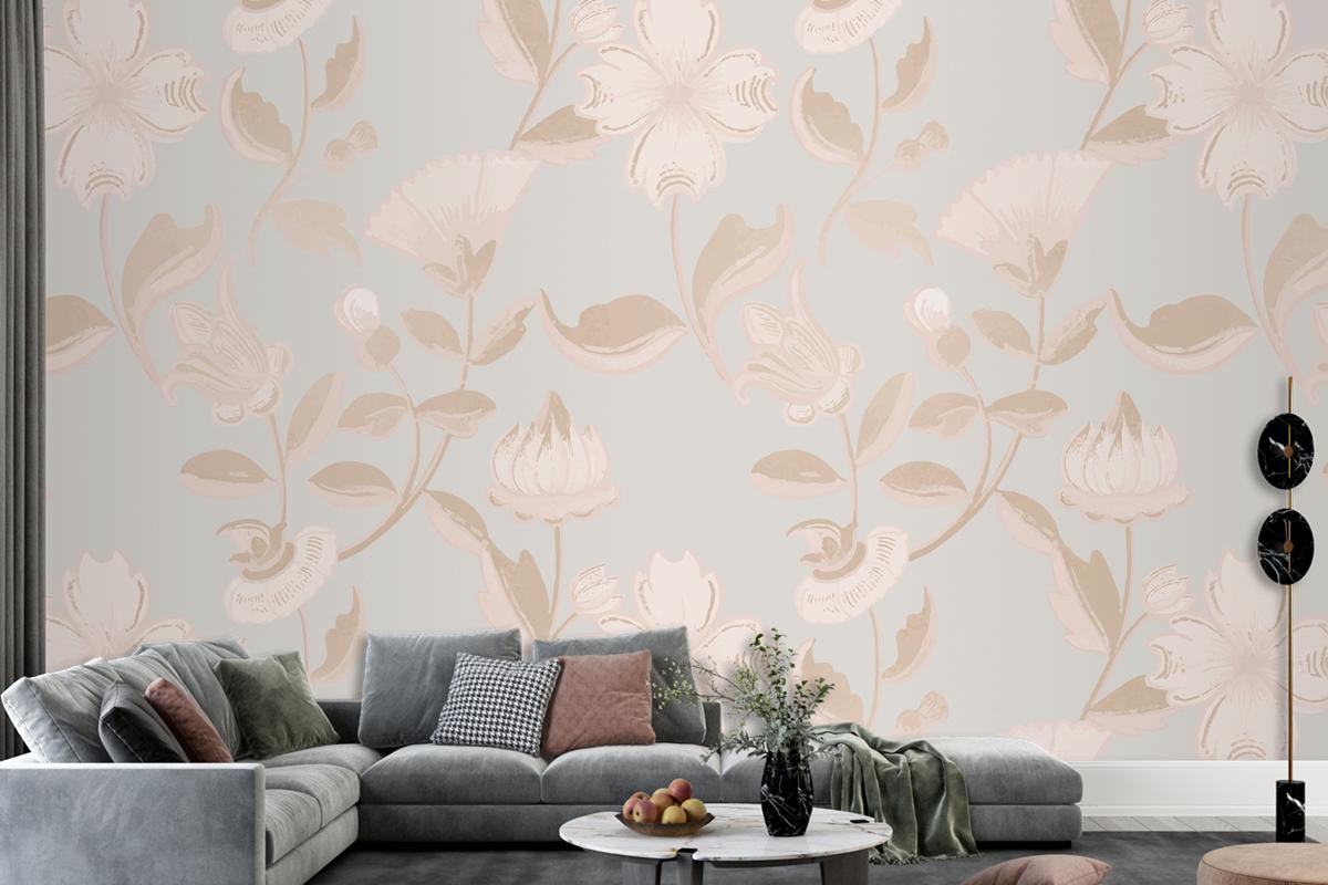 Vintage Neutral Floral Pattern Living Room Wallpaper Mural