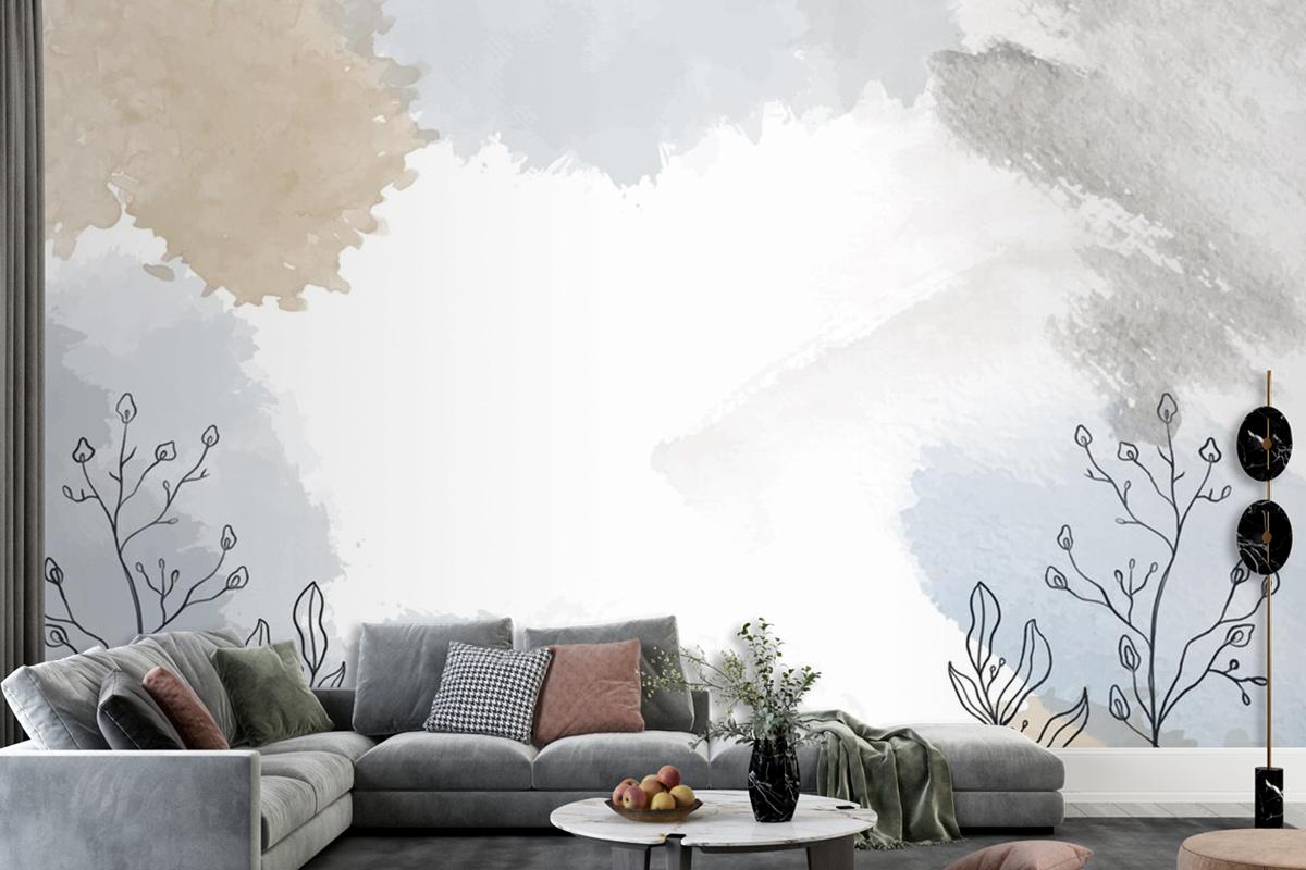 Watercolor Hand Drawn Background With Plants Living Room Wallpaper Mural