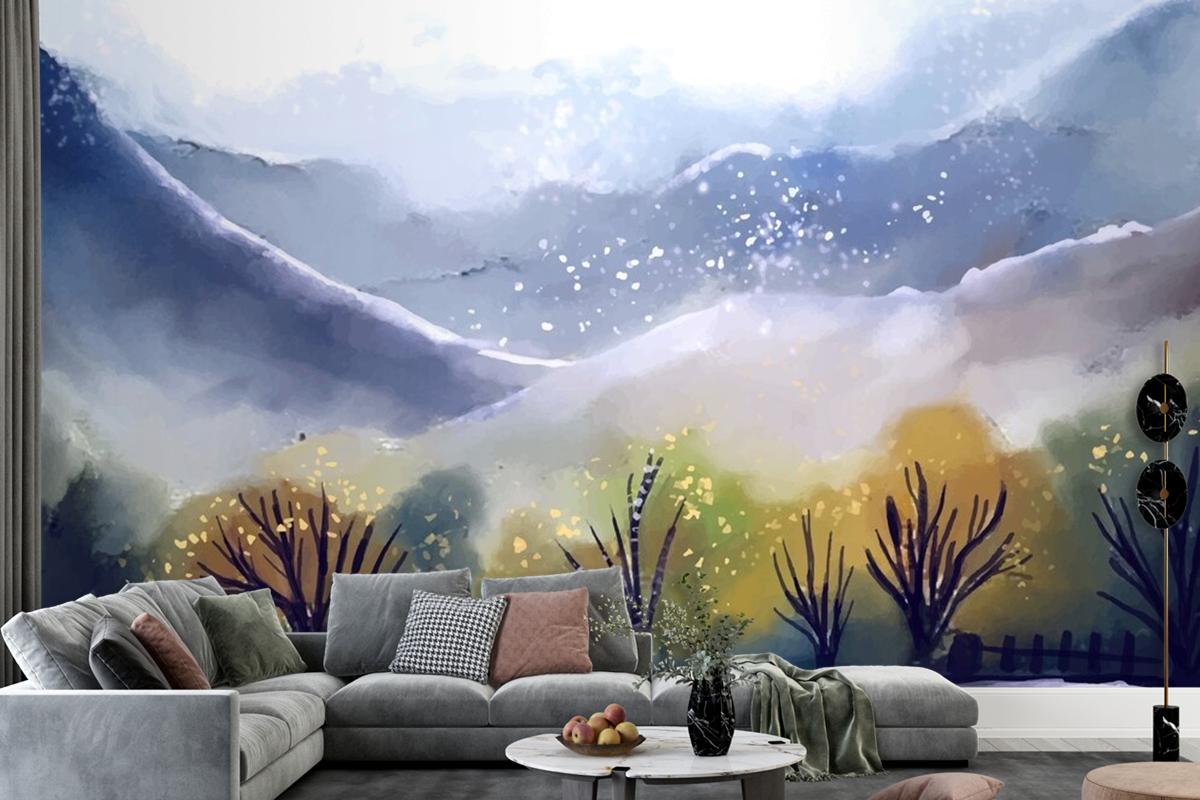 Watercolor Mountain Landscape Living Room Wallpaper Mural