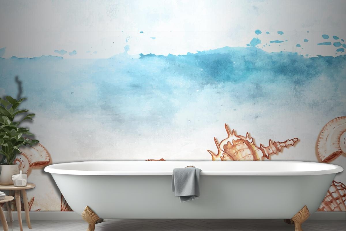 Watercolor Summer Background With Shells Wallpaper Mural