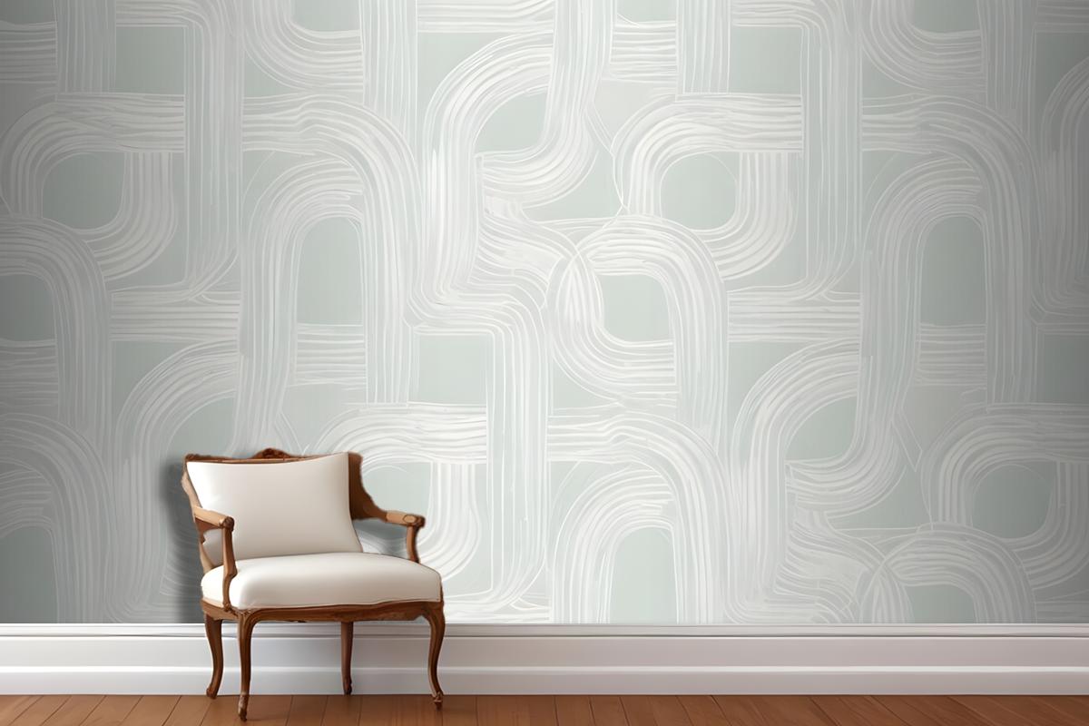 A Seamless Geometric Pattern With Interlocking Curved Shapes In Shades Of White And Light Green Wallpaper Mural