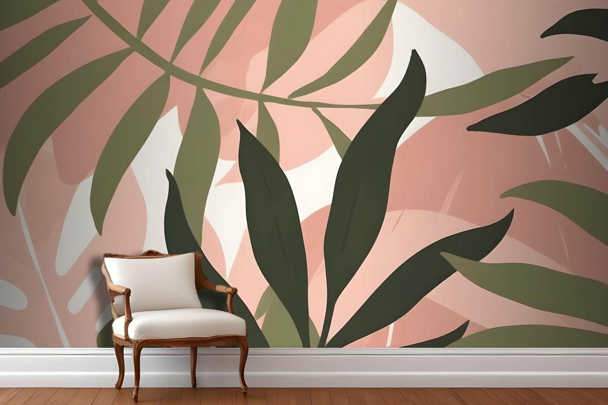 Abstract Tropical Leaves In Shades Of Green And Pink On A Light Wallpaper Mural