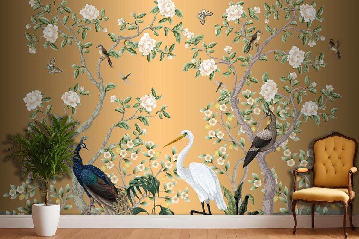 Chinoiserie Mural With Peacocks And Flowers Trees Wallpaper Mural