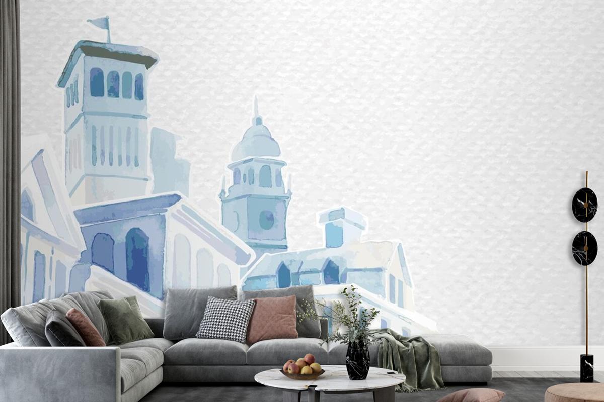 Architectural Mediterranean Buildings In Watercolor On White Paper Textured Living Room Wallpaper Mural