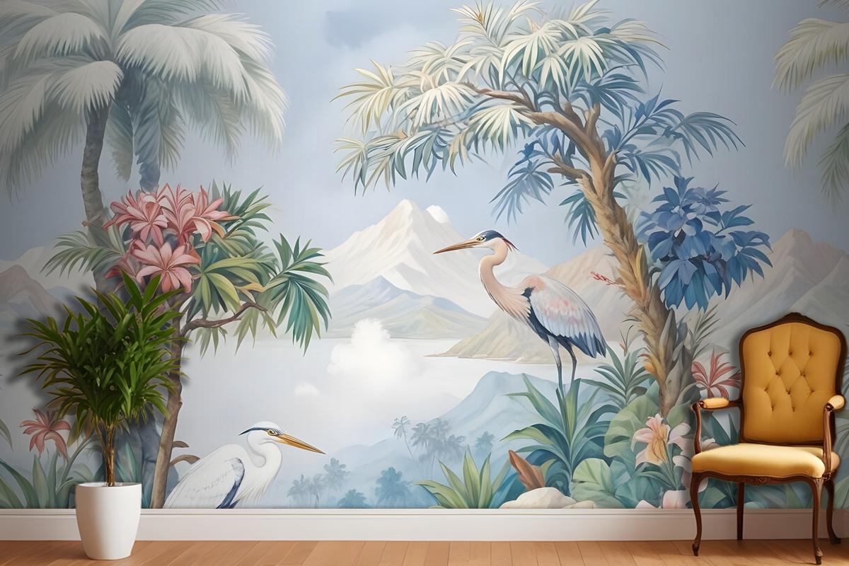 Art Painting Colorful Landscape With Heron Birds Wallpaper Mural